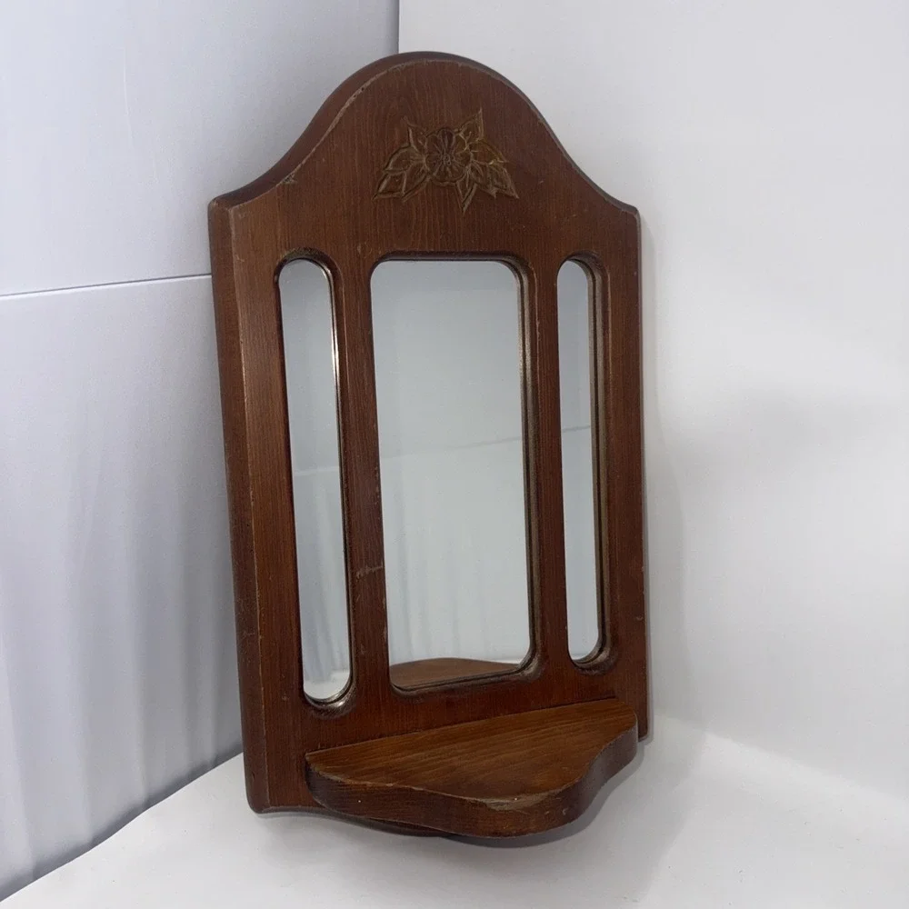 VTG Wooden Wall Mirror Hanging Shelf Floral Etched Cottage Farmhouse 15X8.5 In